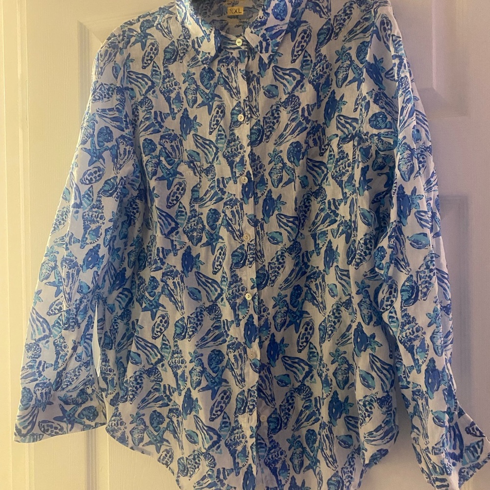 Lilly Pulitzer Blue and White Shell Sea View Shirt